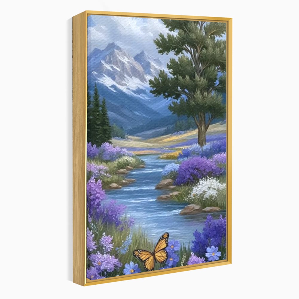 Tablou canvas cu tablou pictura peisaj montan cu rau si flori, in rama de aluminiu auriu
